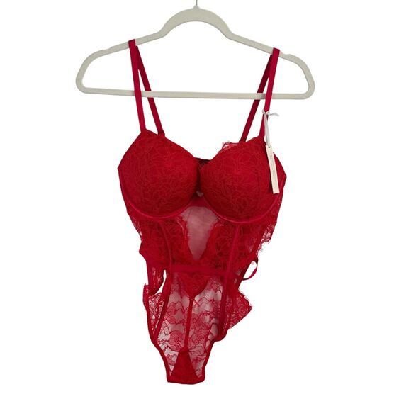 Victoria's Secret Bombshell Push Up Red Lace Teddy Lingerie NEW Womens Large - Picture 1 of 8